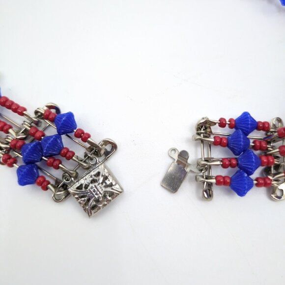 VTG Handmade Native Squash Blossom‎ Crescent Moon Necklace Blue Red Safety Pins - Picture 7 of 9